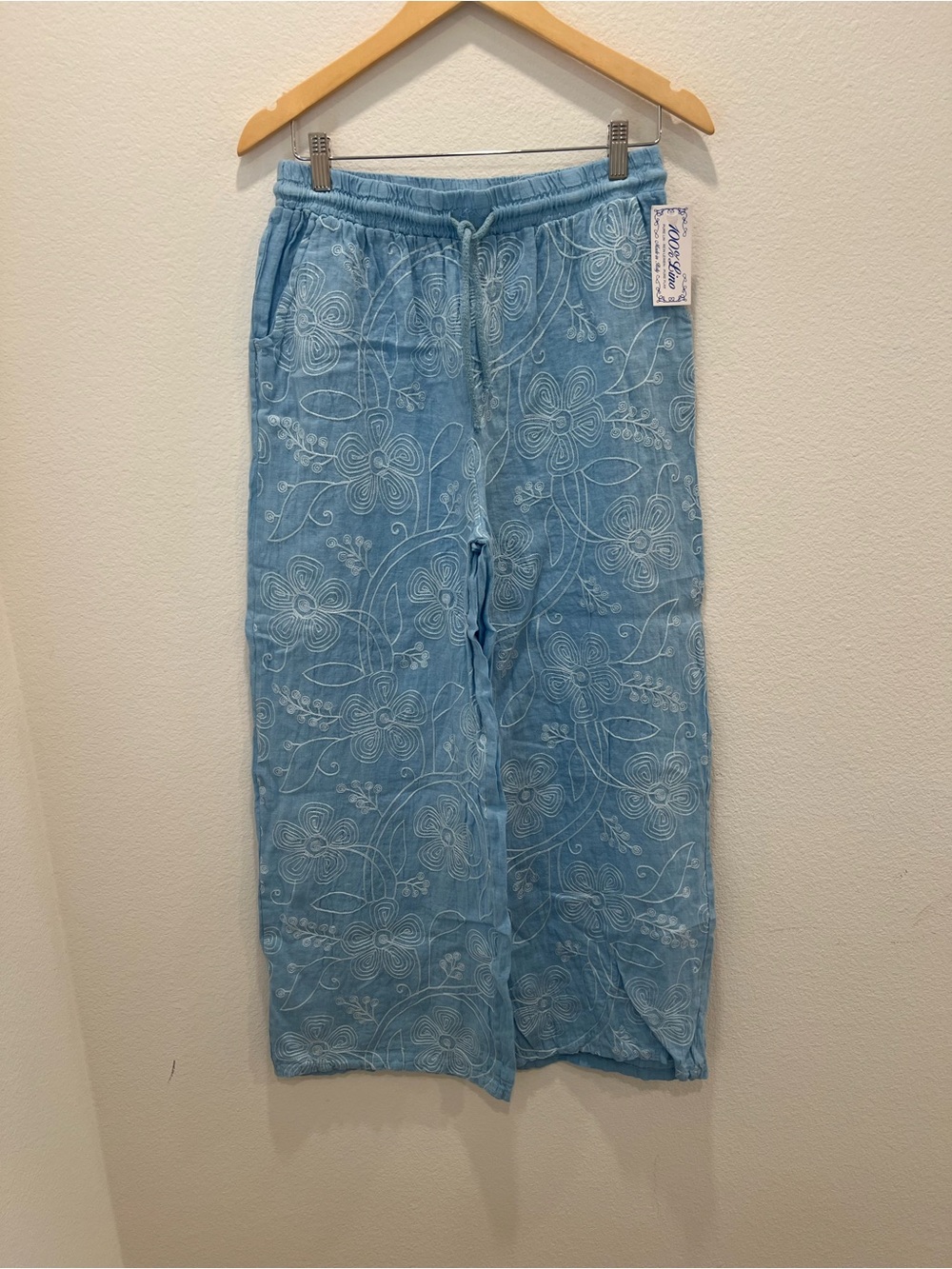 Light Blue Embroidered Wide Leg Linen Pants One Size Most